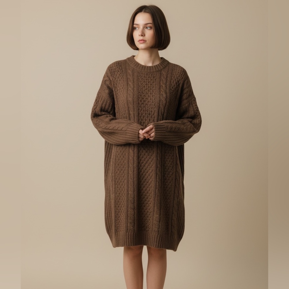 Brown Cable Knit Sweater Dress